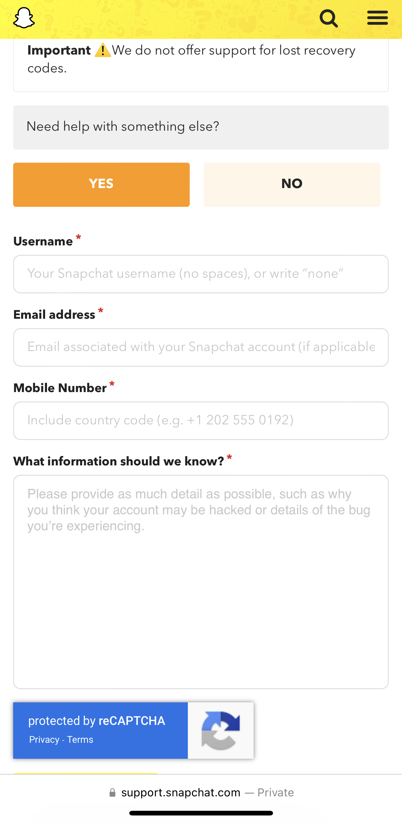 snapchat contact form for forgotton passwords