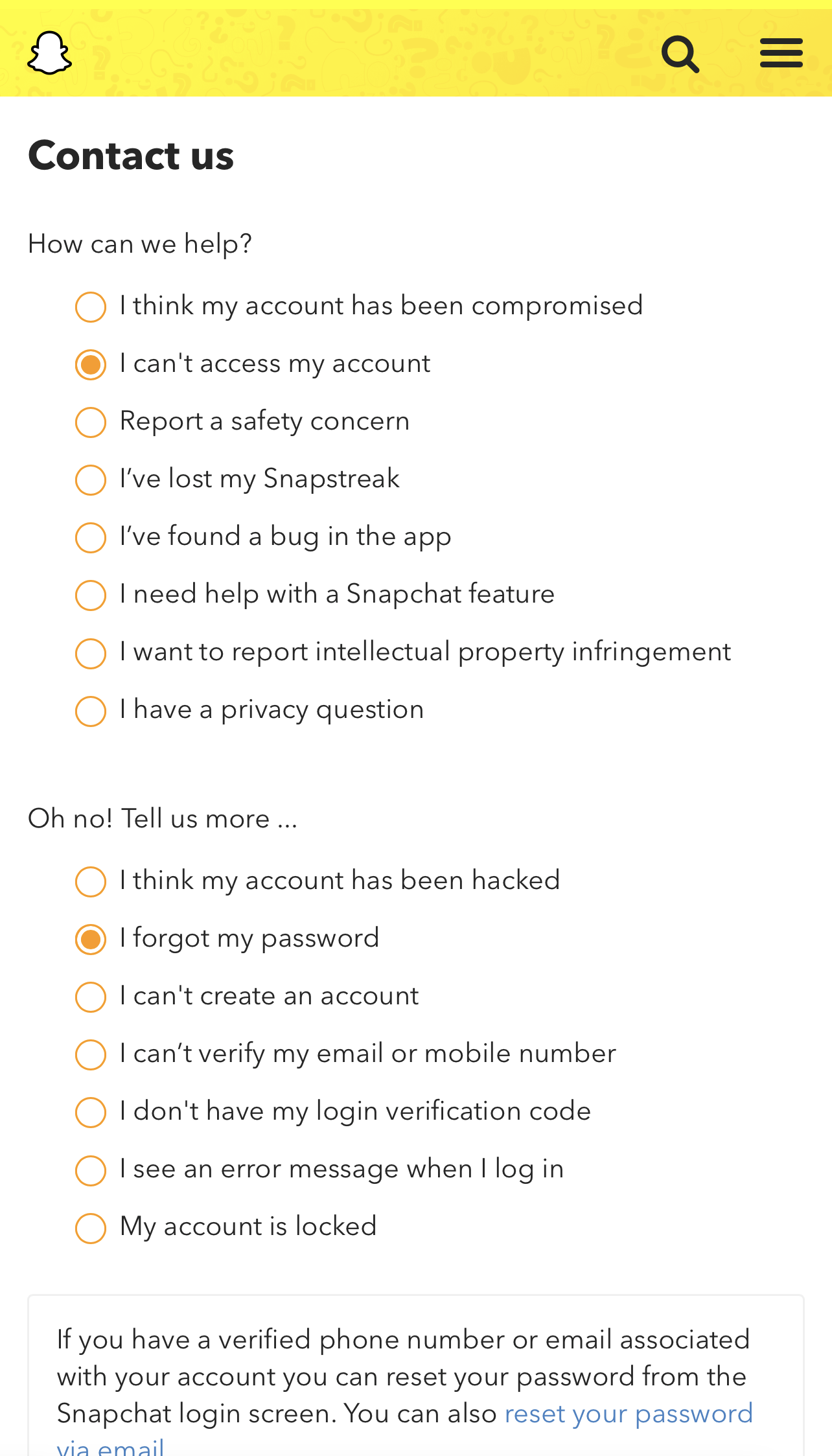snapchat forgot password / account issues page