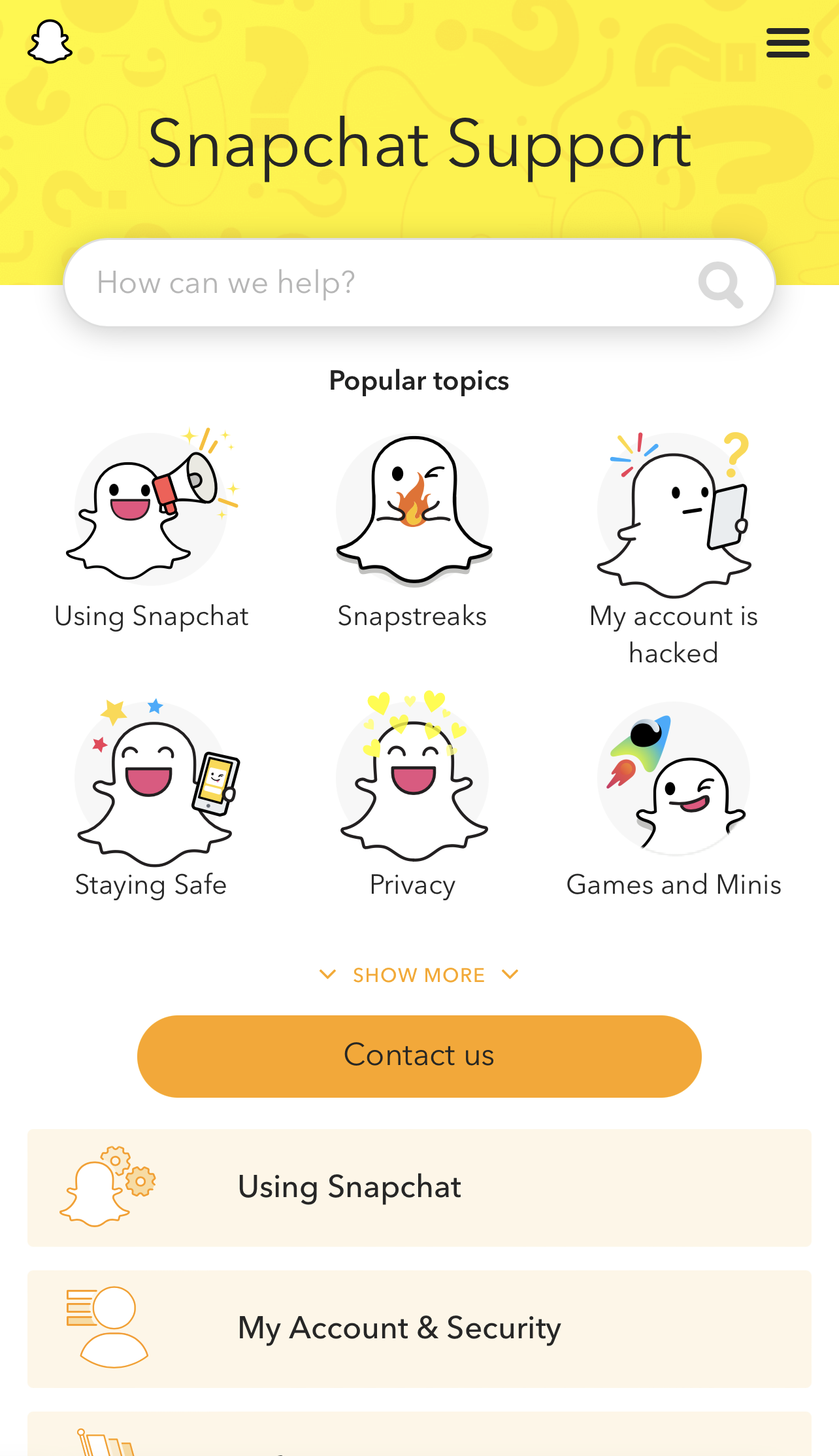 Snapchat help page