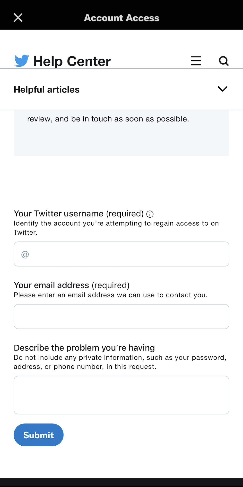 twitter file a report form for regaining account access