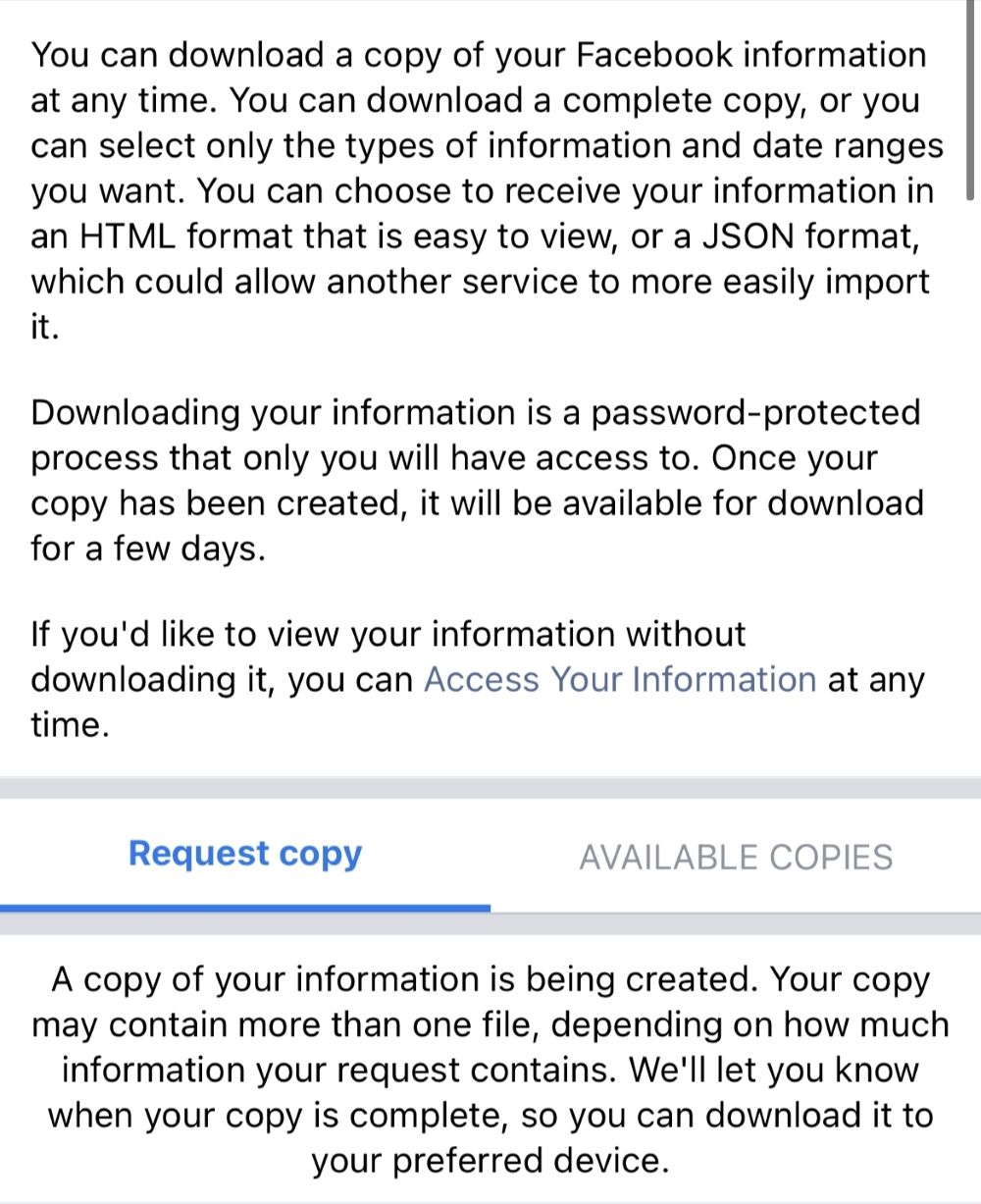 Access the copy of your Facebook Information