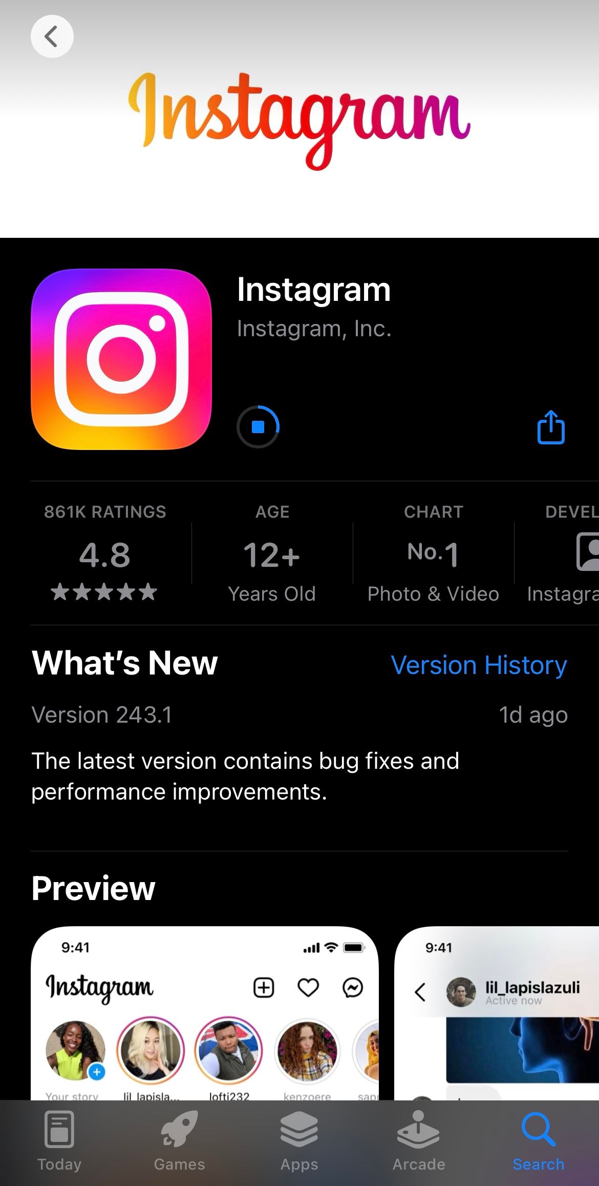 Reinstalling Instagram on iOS device
