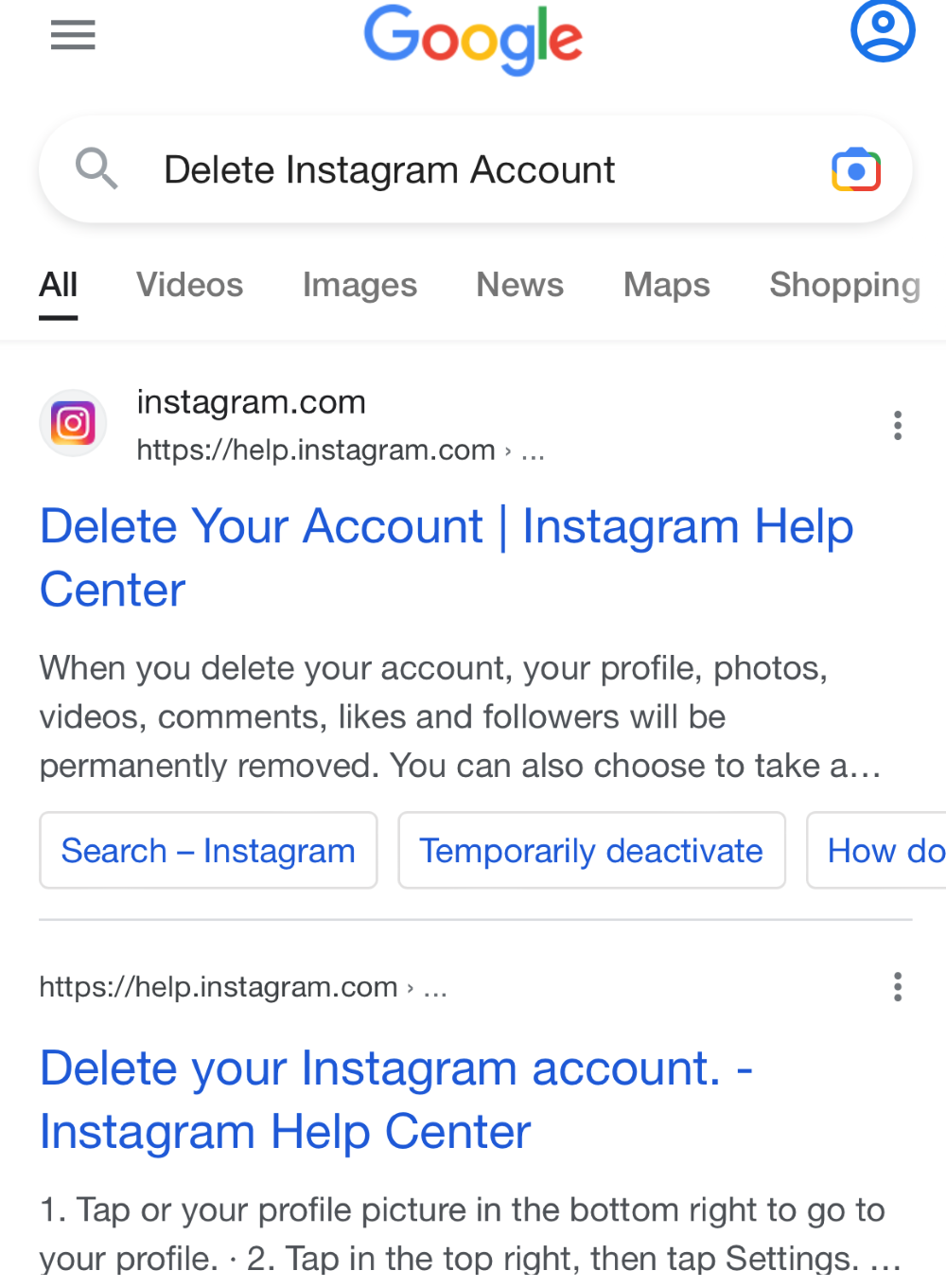 Delete Your Account on Instagram Help Center